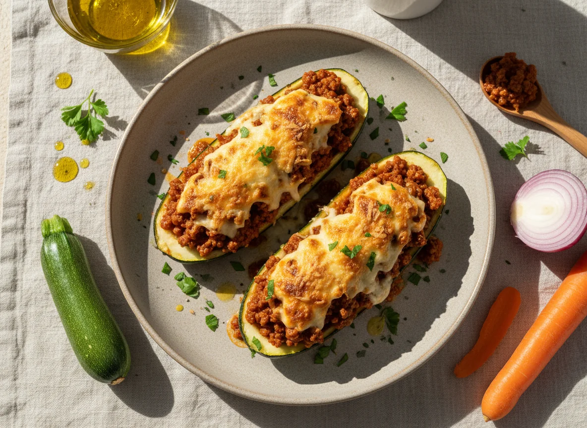 Calabacines rellenos con salsa boloñesa photo