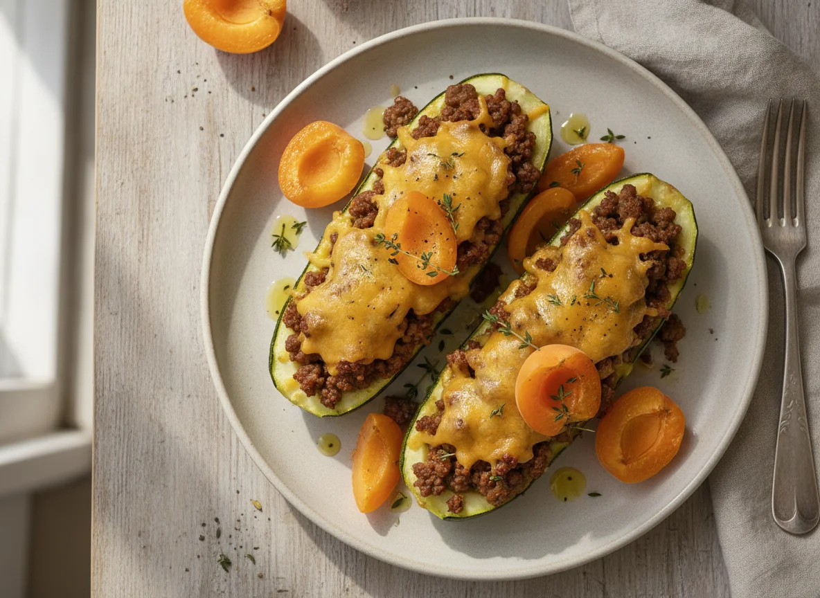Calabacines rellenos de carne y queso con albaricoques photo