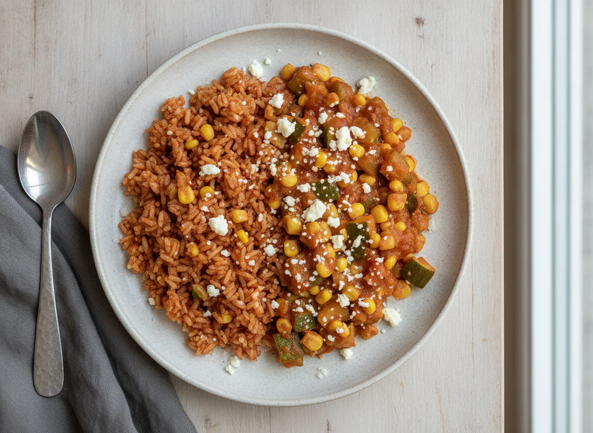 Calabacitas a la mexicana con arroz rojo photo