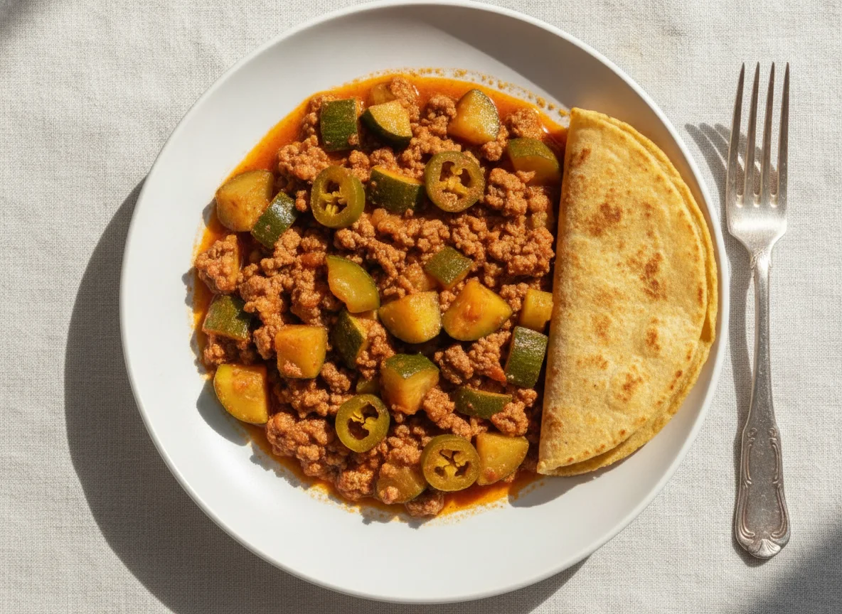 Calabacitas con carne de res y tortilla photo