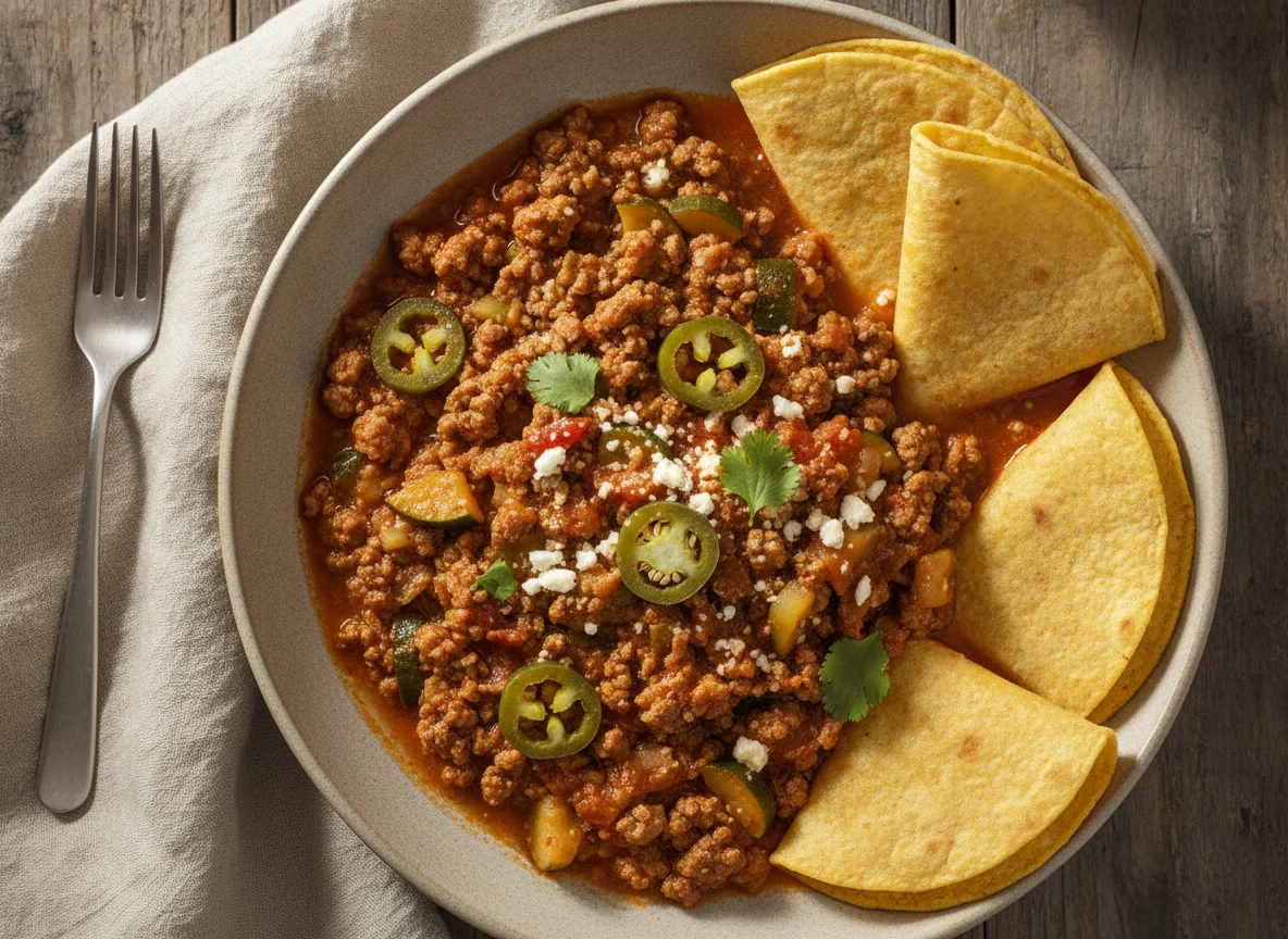 Calabacitas con carne molida y tortilla photo