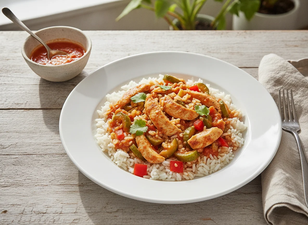 Calabacitas con pollo y arroz photo