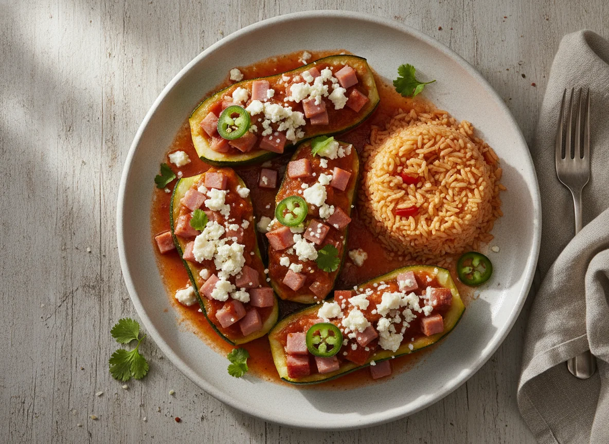 Calabacitas rellenas de jamón y queso con arroz photo