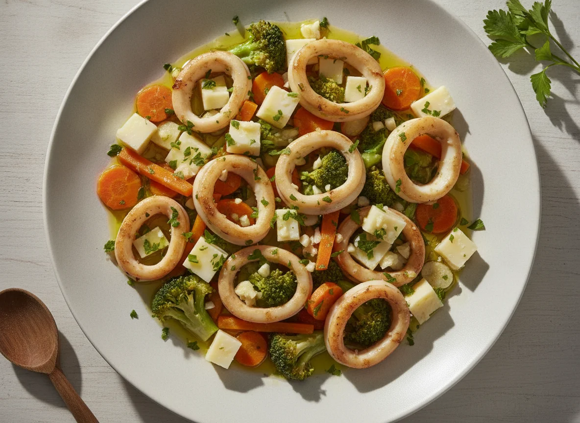 Calamares con verduras y queso photo