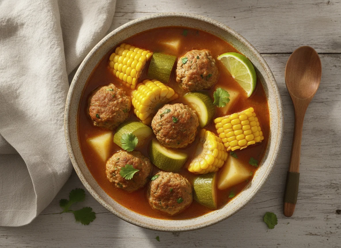 Caldo de albóndigas de pollo con verduras photo