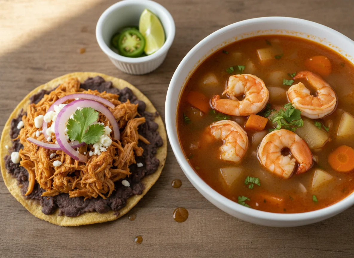 Caldo de camarón con tostada de tinga photo