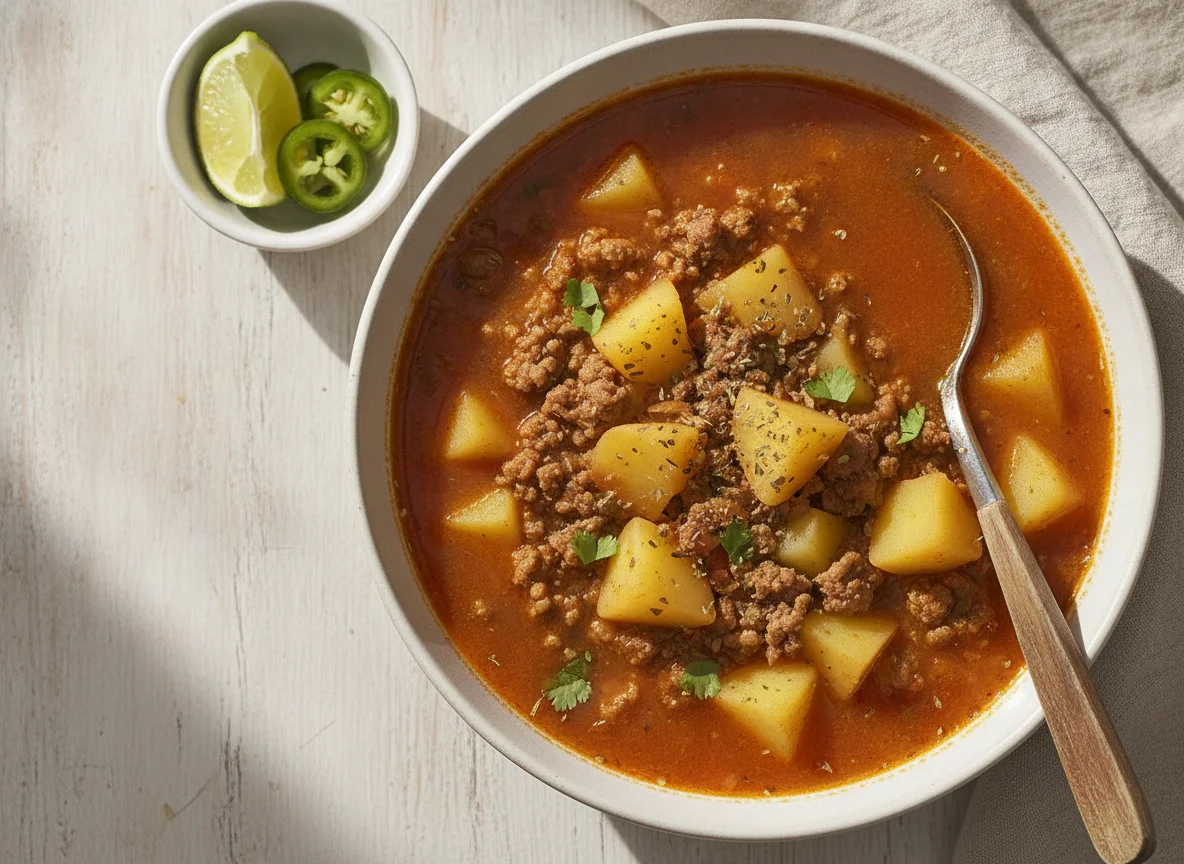 Caldo de carne molida con papas photo