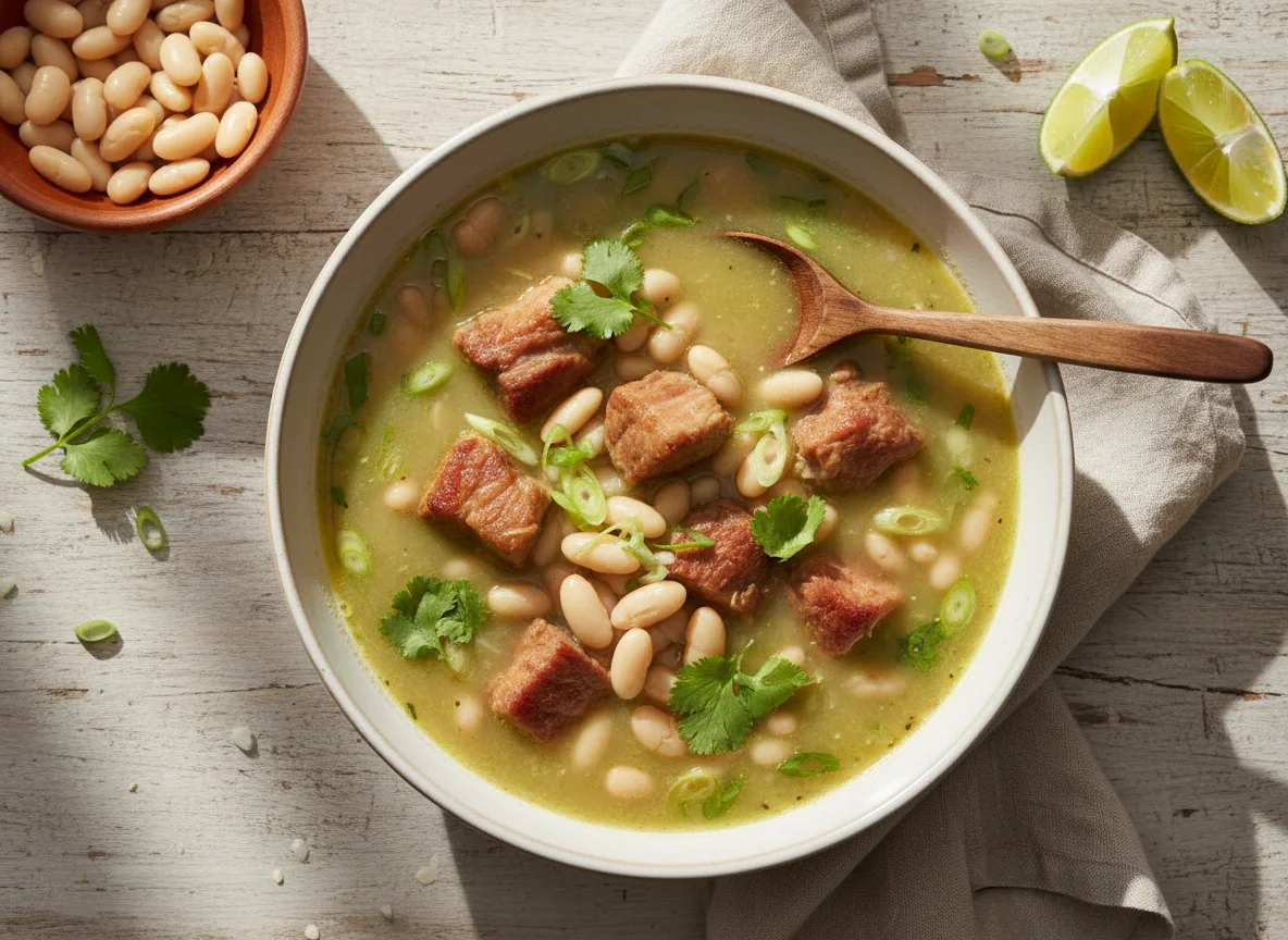 Caldo de cerdo con frijoles y salsa verde photo