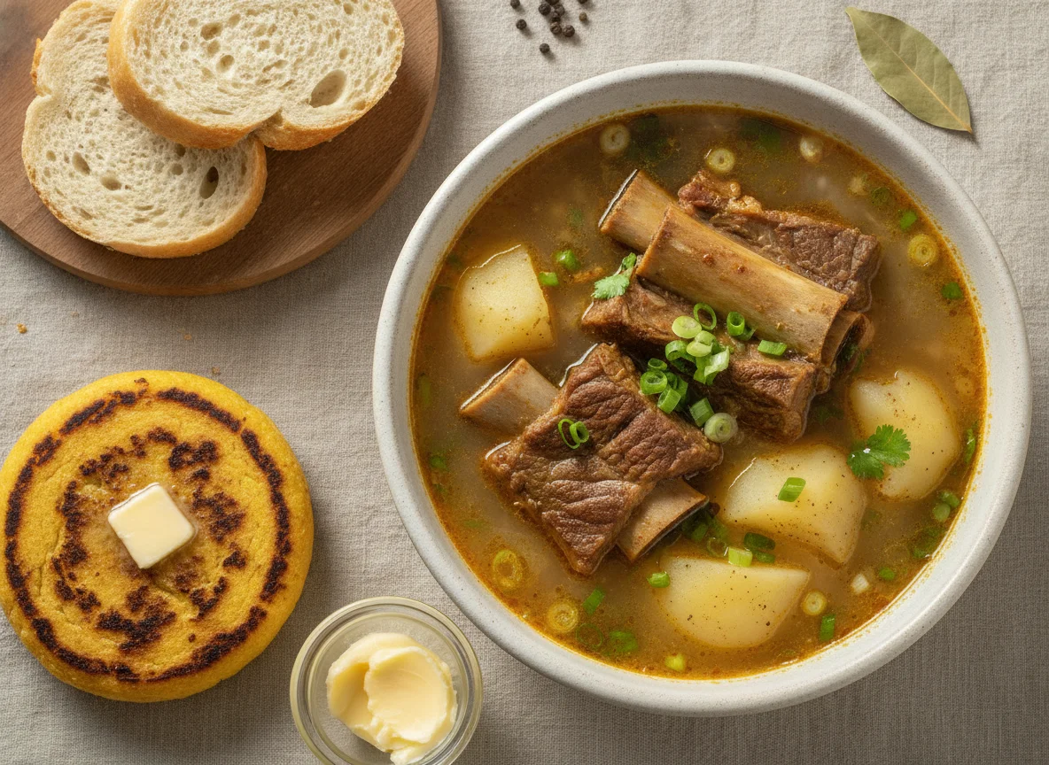 Caldo de costilla con arepa y pan photo