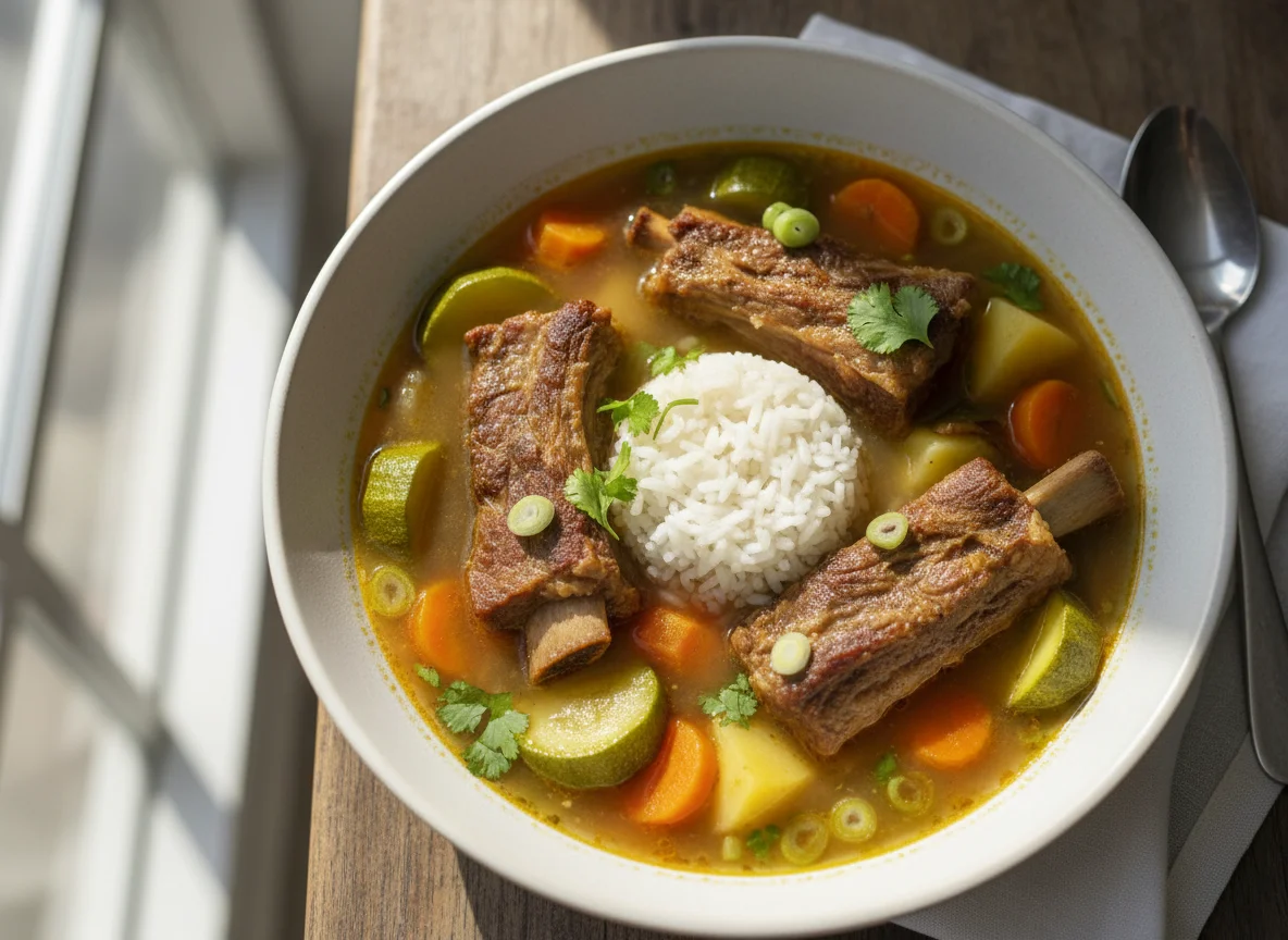 Caldo de costillas de res con verduras photo