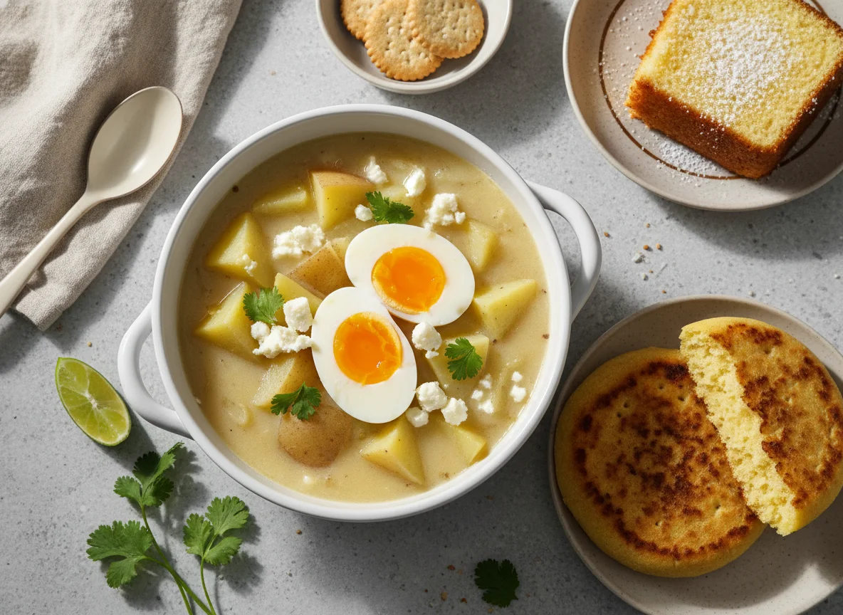 Caldo de papa con huevo y arepa photo