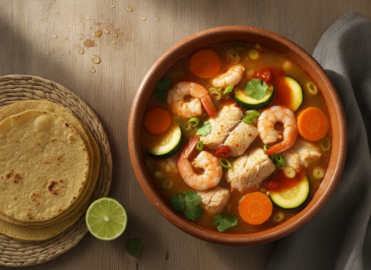 Caldo de pescado y camarón con tortillas photo