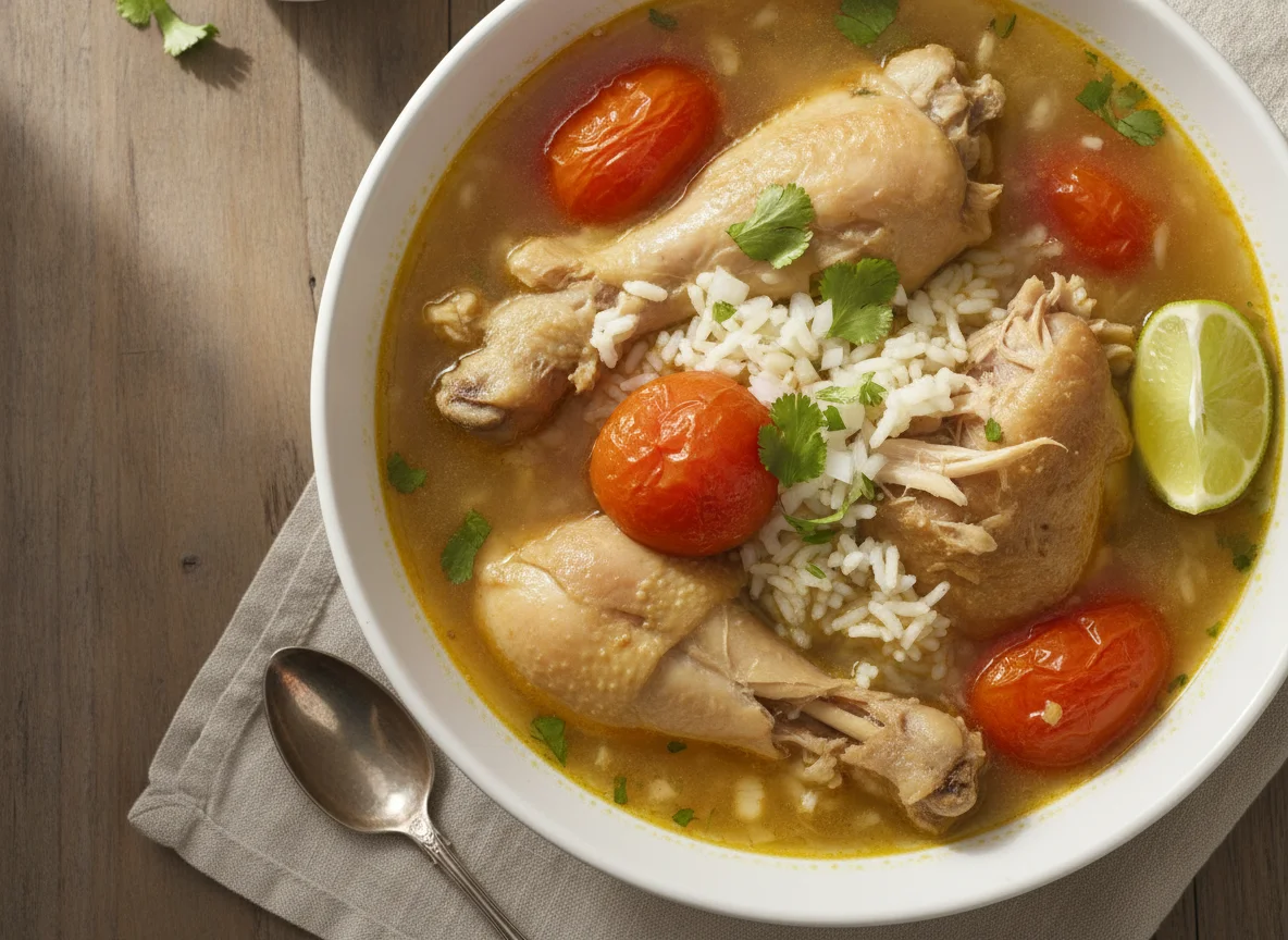 Caldo de pollo con arroz photo