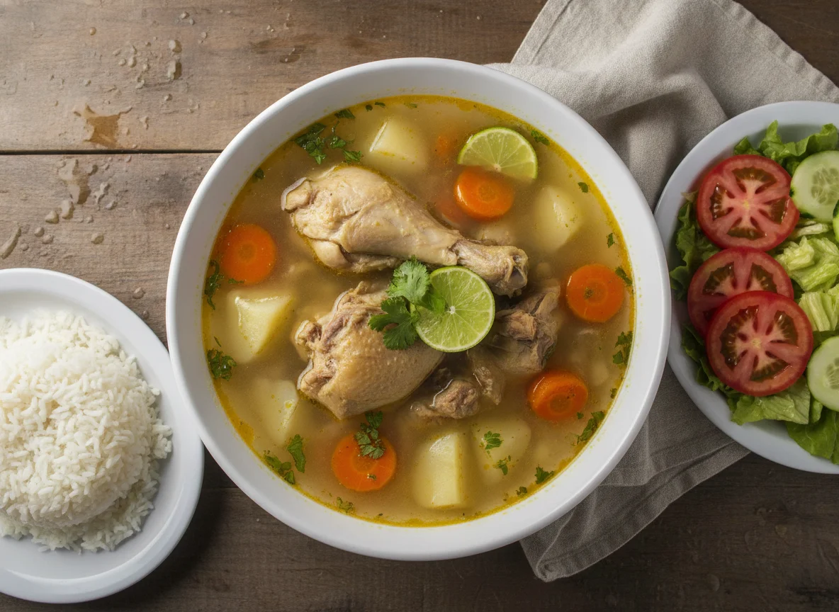Caldo de pollo con arroz y ensalada photo