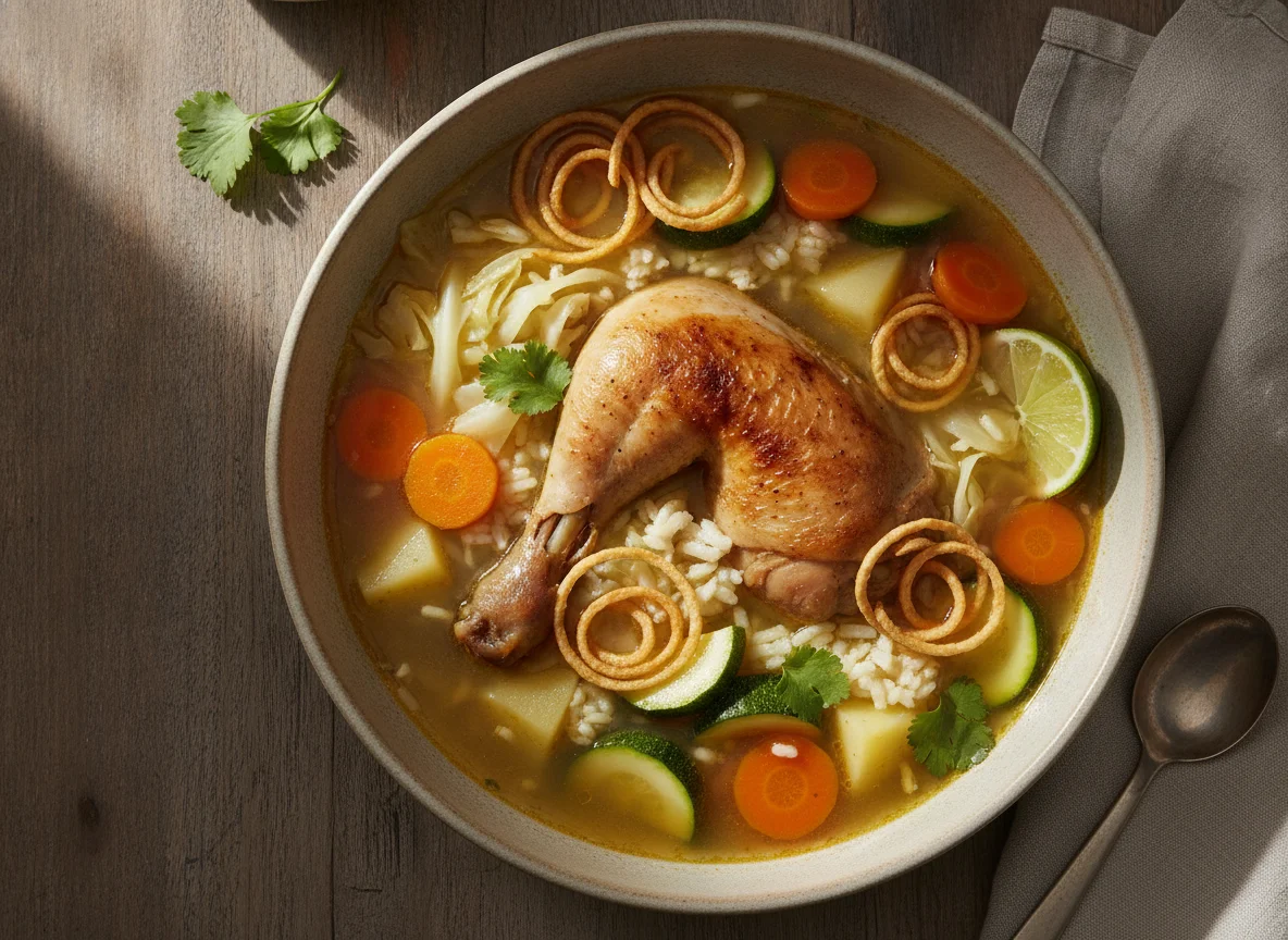 Caldo de pollo con arroz y fideo photo