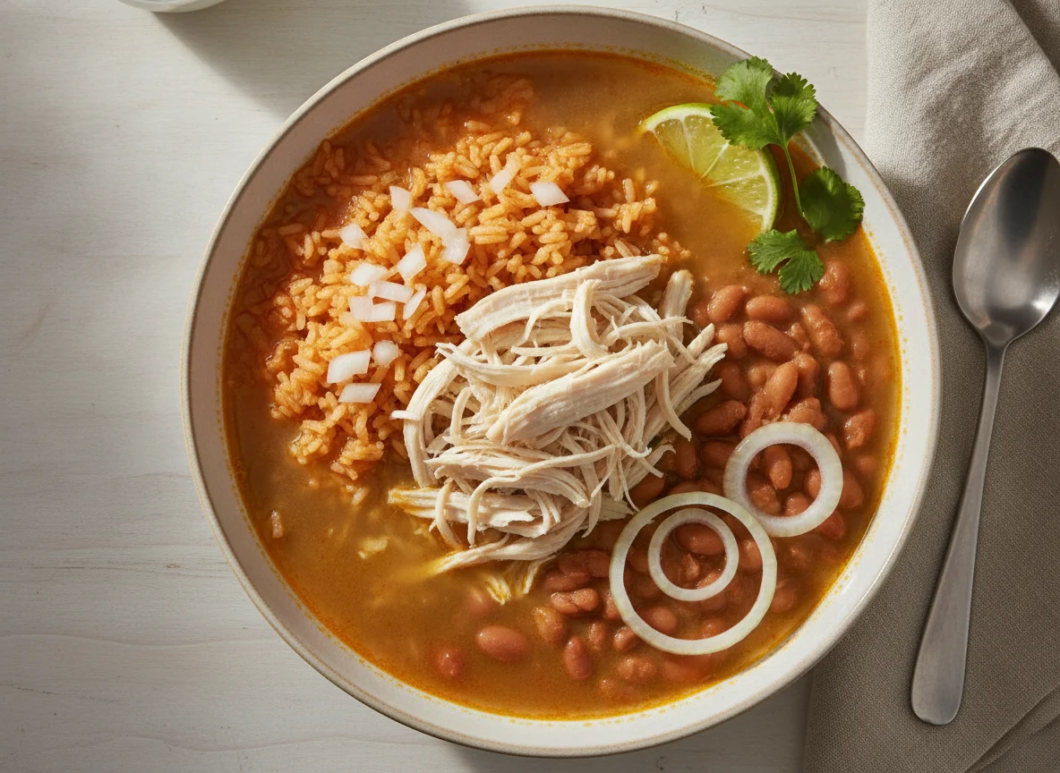 Caldo de pollo con arroz y frijoles photo