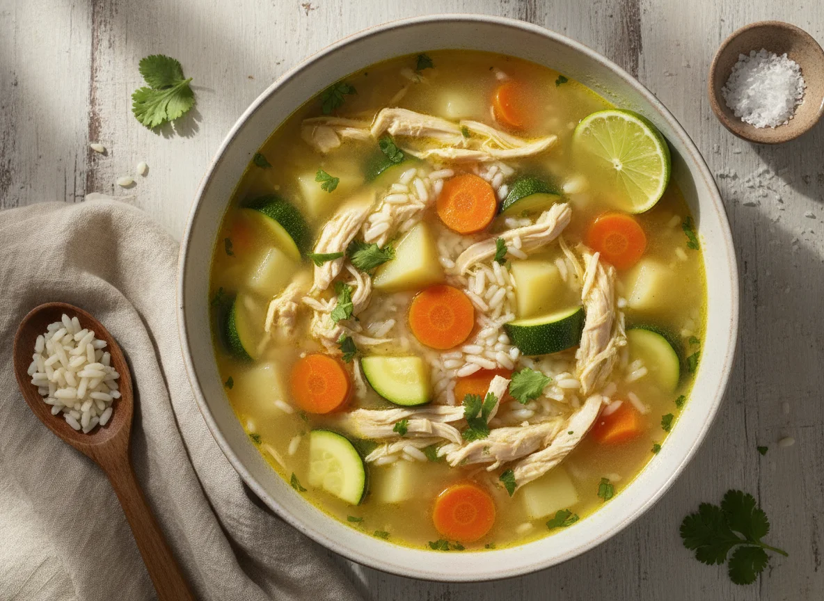Caldo de pollo con arroz y verduras photo