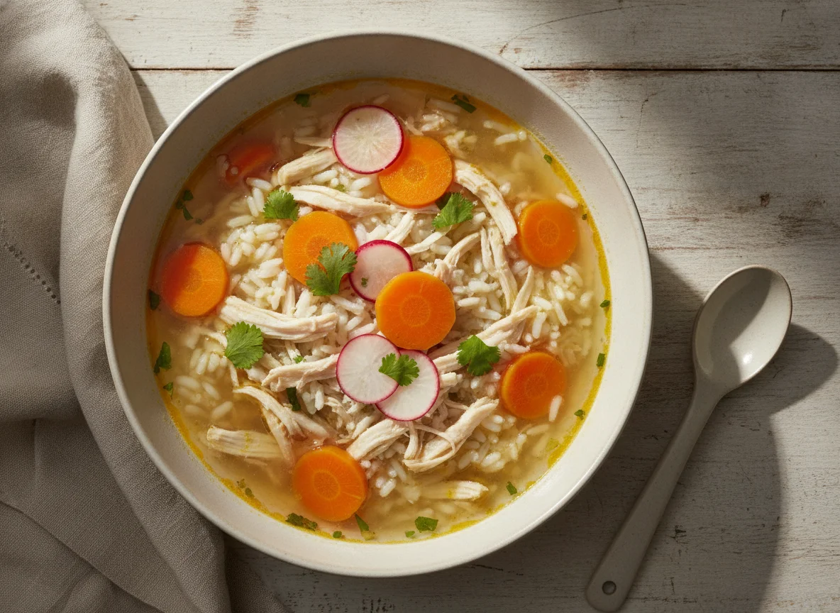Caldo de pollo con arroz y zanahoria photo