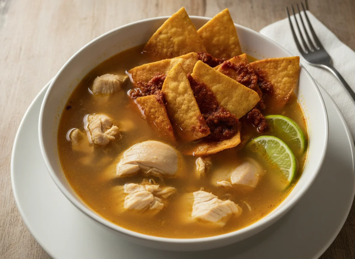 Caldo de pollo con chilaquiles secos photo