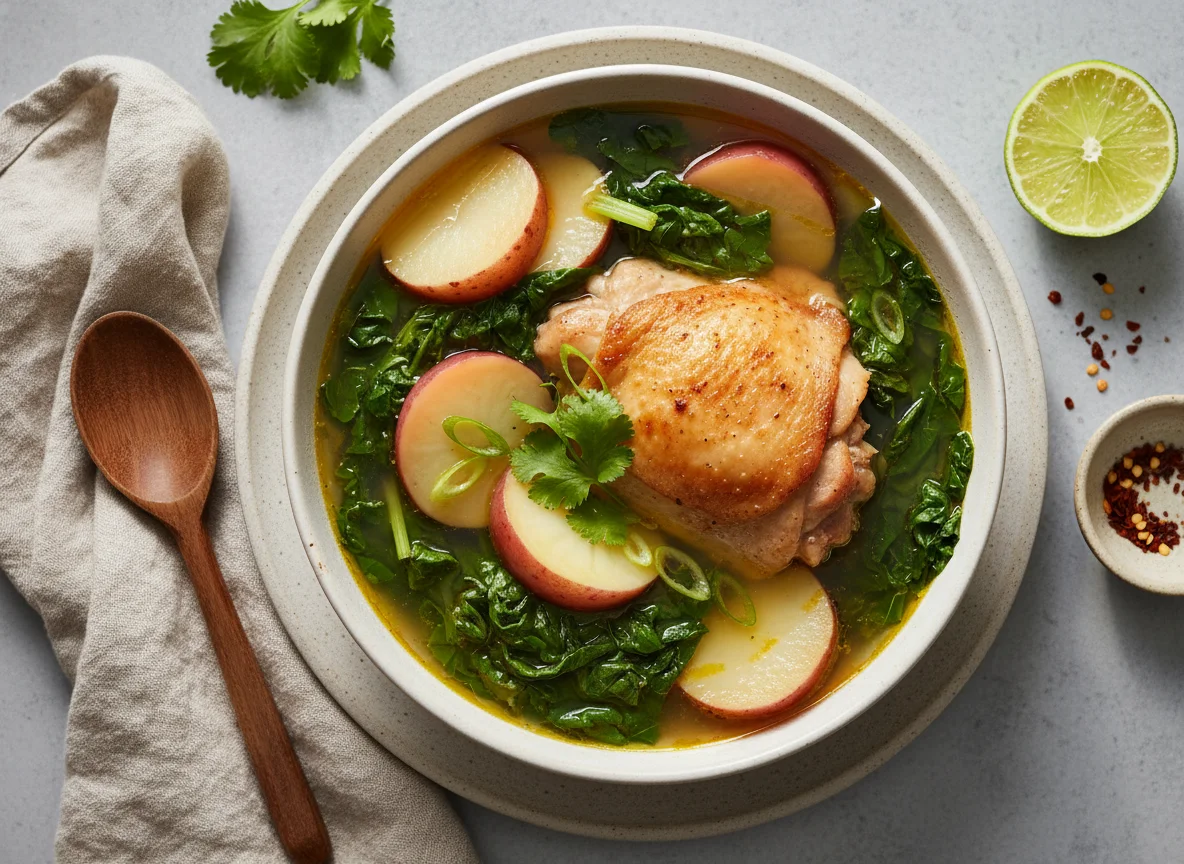 Caldo de pollo con papas y acelgas photo