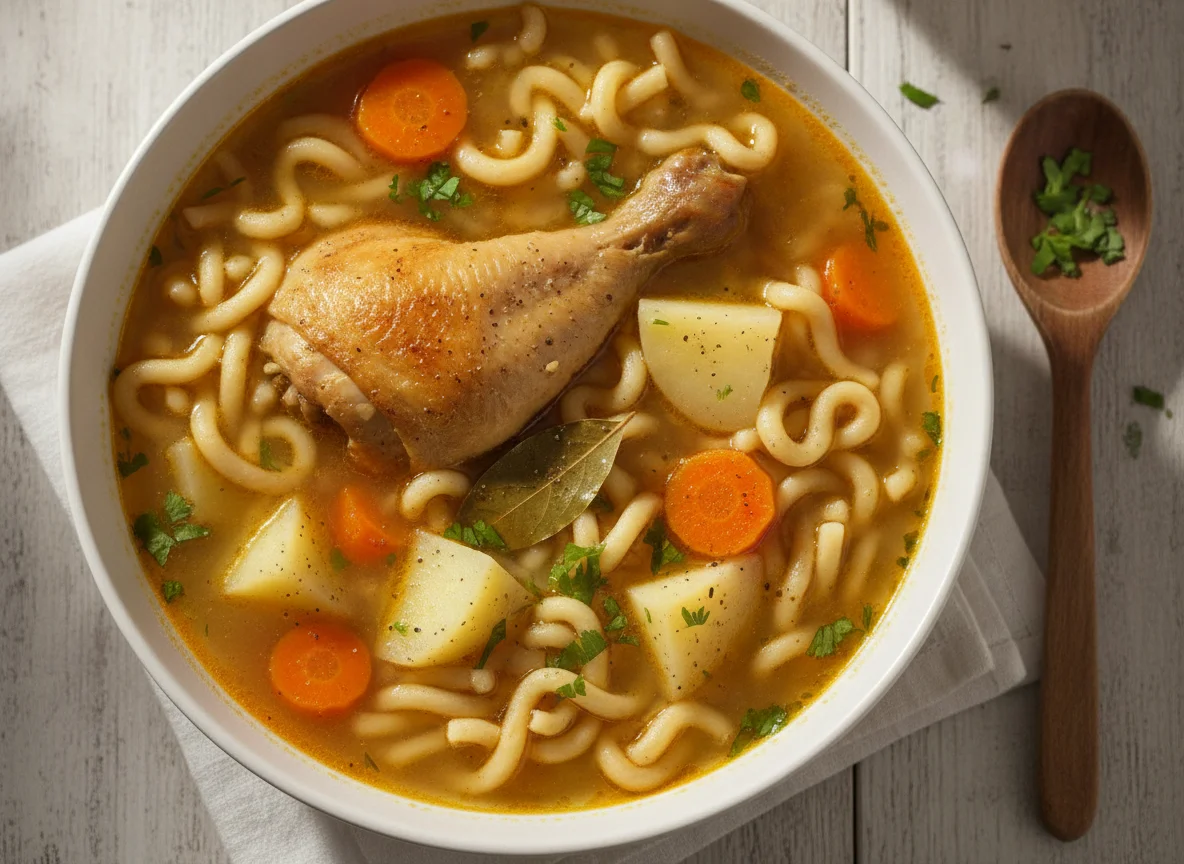 Caldo de pollo con tallarín y papa photo