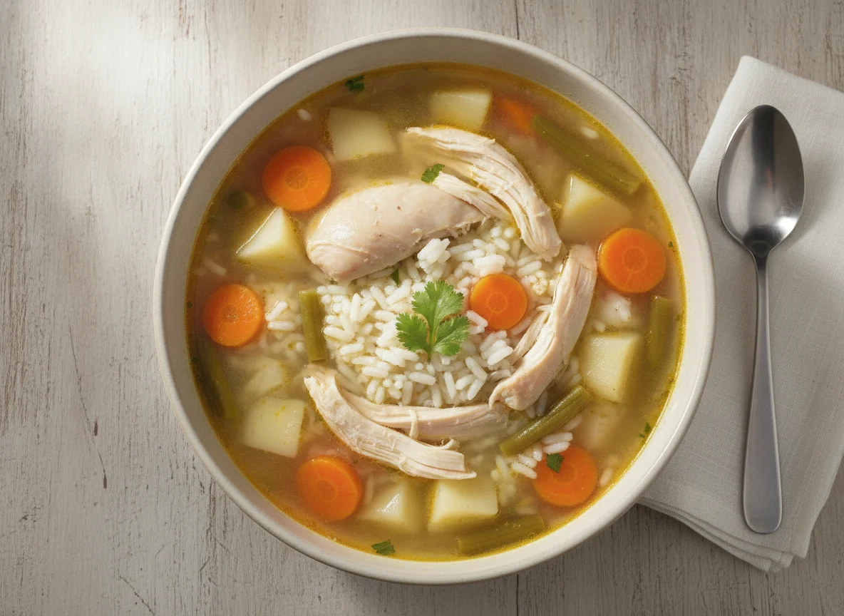 Caldo de pollo con verduras y arroz photo