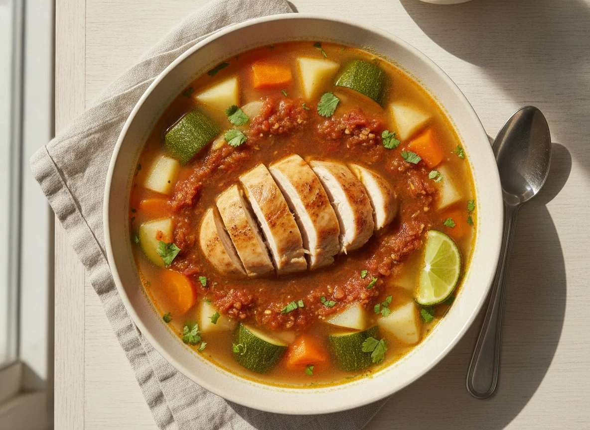 Caldo de pollo con verduras y salsa roja photo