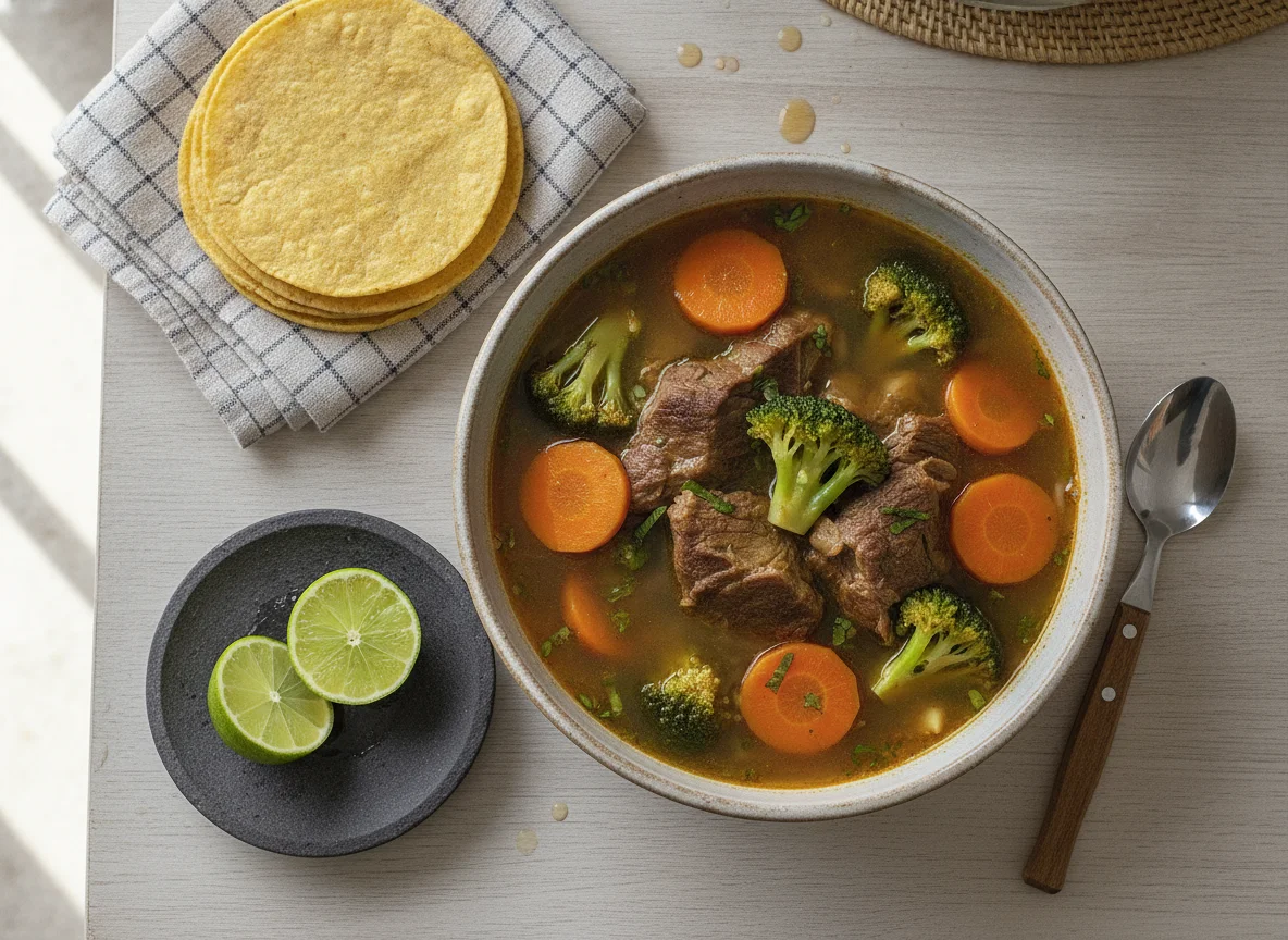 Caldo de res con brócoli y zanahoria photo