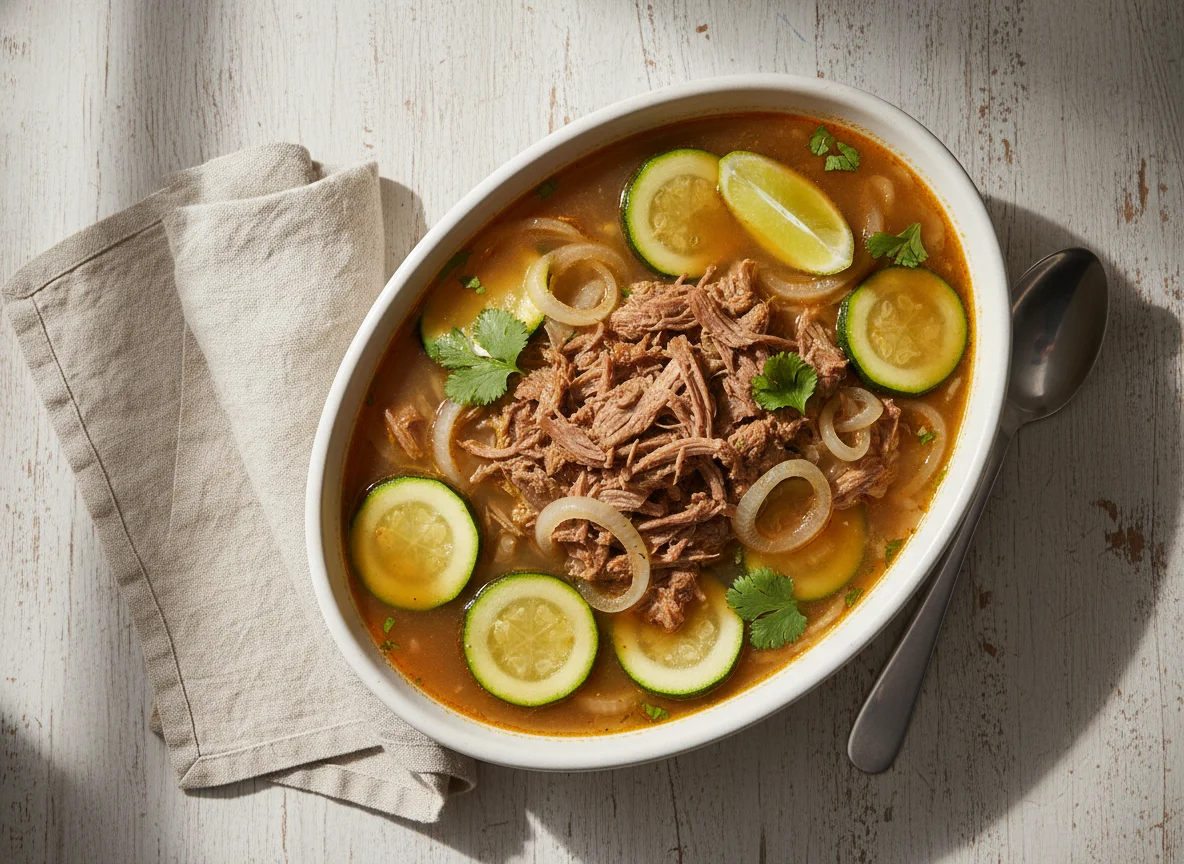 Caldo de res con calabacitas y cebolla photo