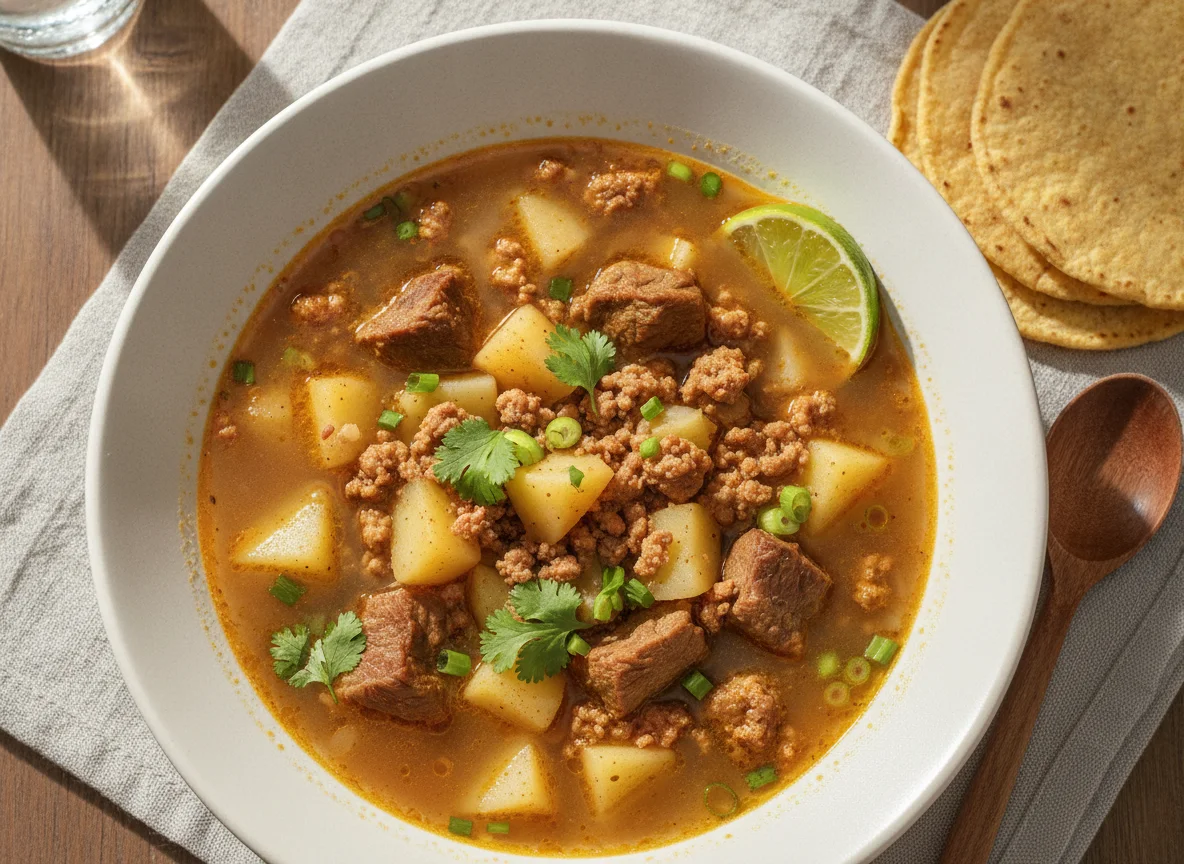 Caldo de res con papa y carne molida photo