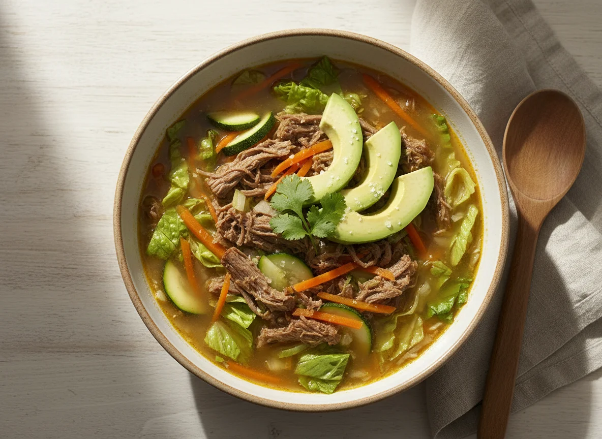 Caldo de res con verduras y aguacate photo