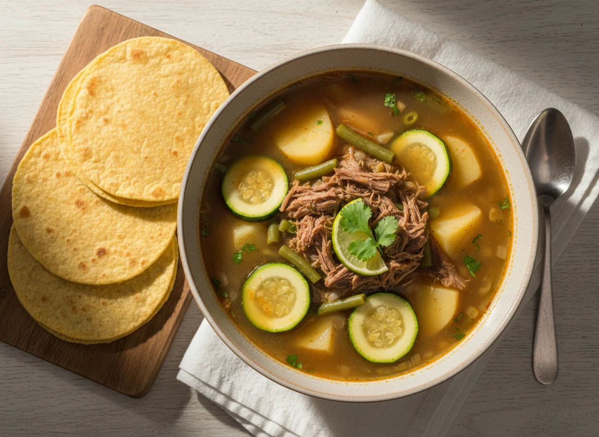 Caldo de res con verduras y tortillas photo