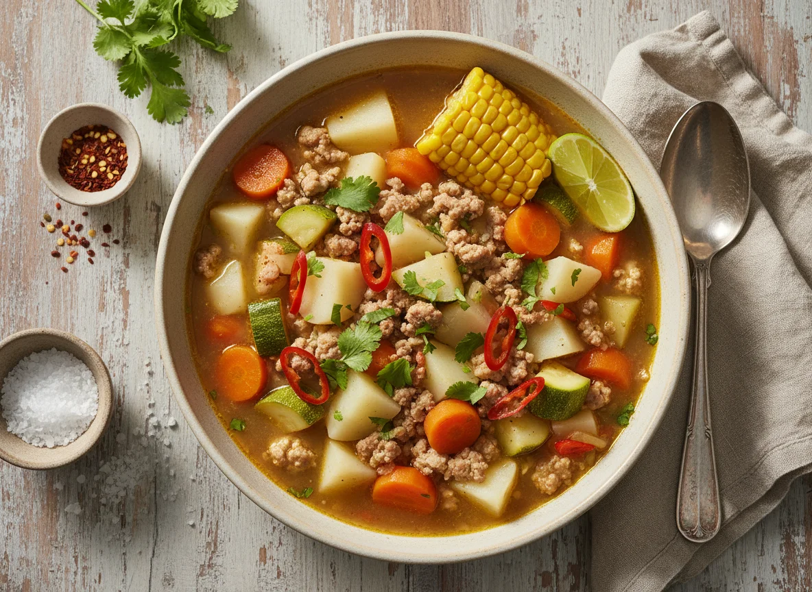 Caldo de verduras con carne molida photo