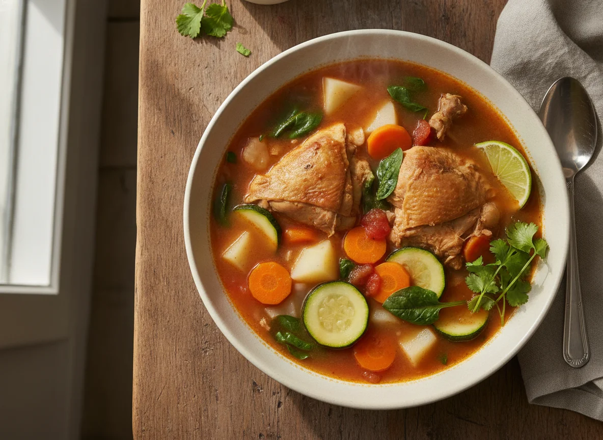 Caldo de verduras con pollo photo