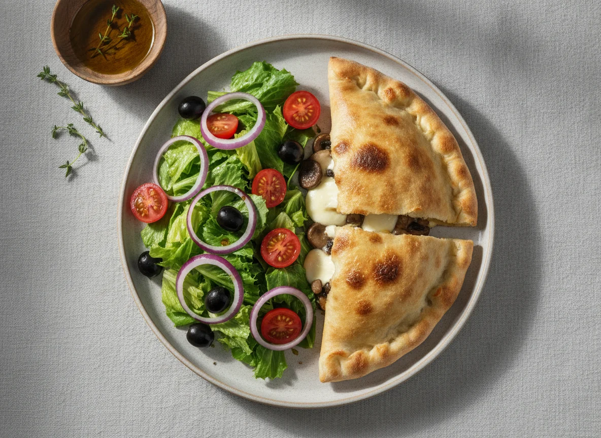 Calzone de champiñones y ensalada mixta photo