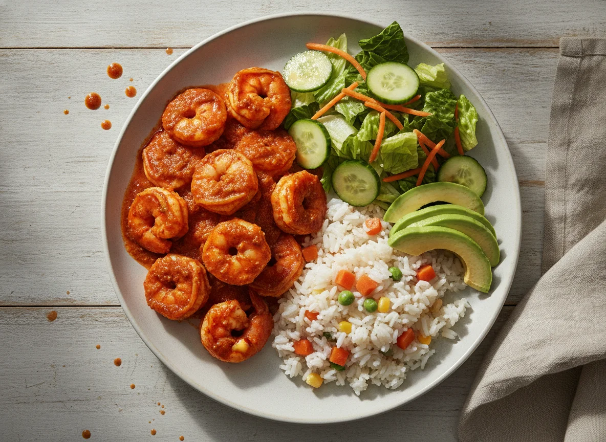 Camarones a la diabla con arroz y ensalada photo