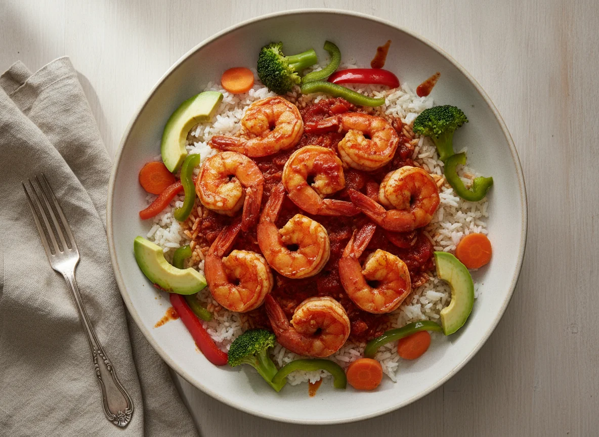 Camarones a la diabla con arroz y verduras photo