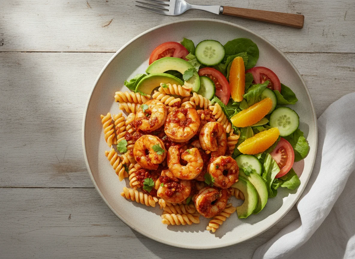 Camarones a la diabla con pasta y ensalada photo