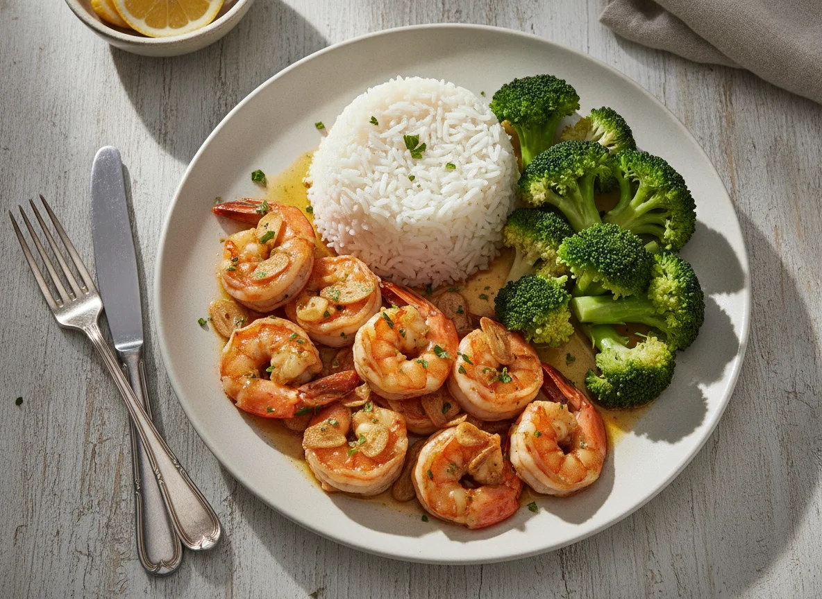 Camarones al ajillo con arroz y brócoli photo