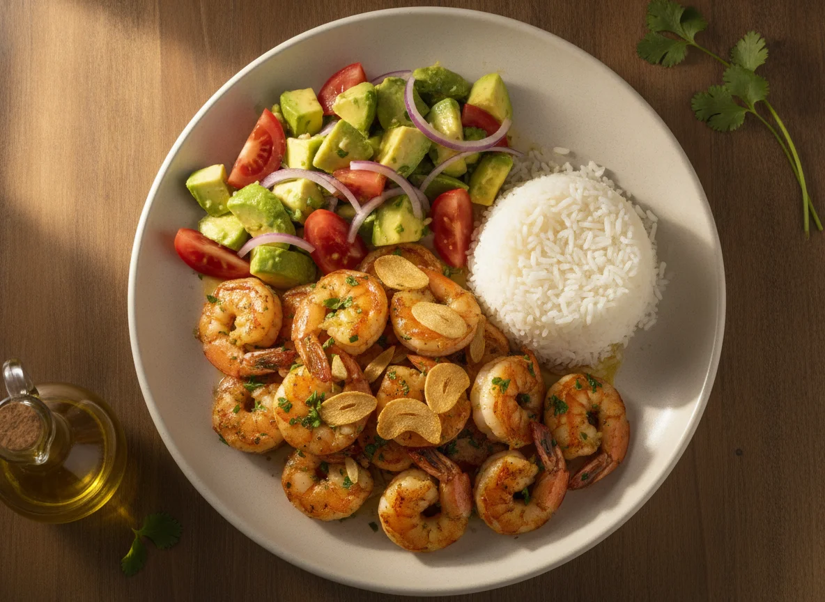 Camarones al ajillo con arroz y ensalada de aguacate photo