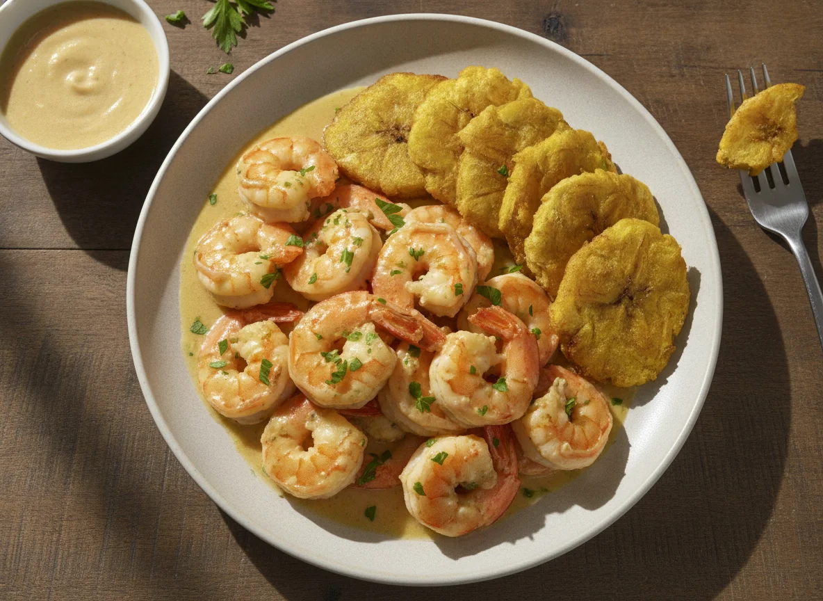 Camarones al ajillo con patacones photo