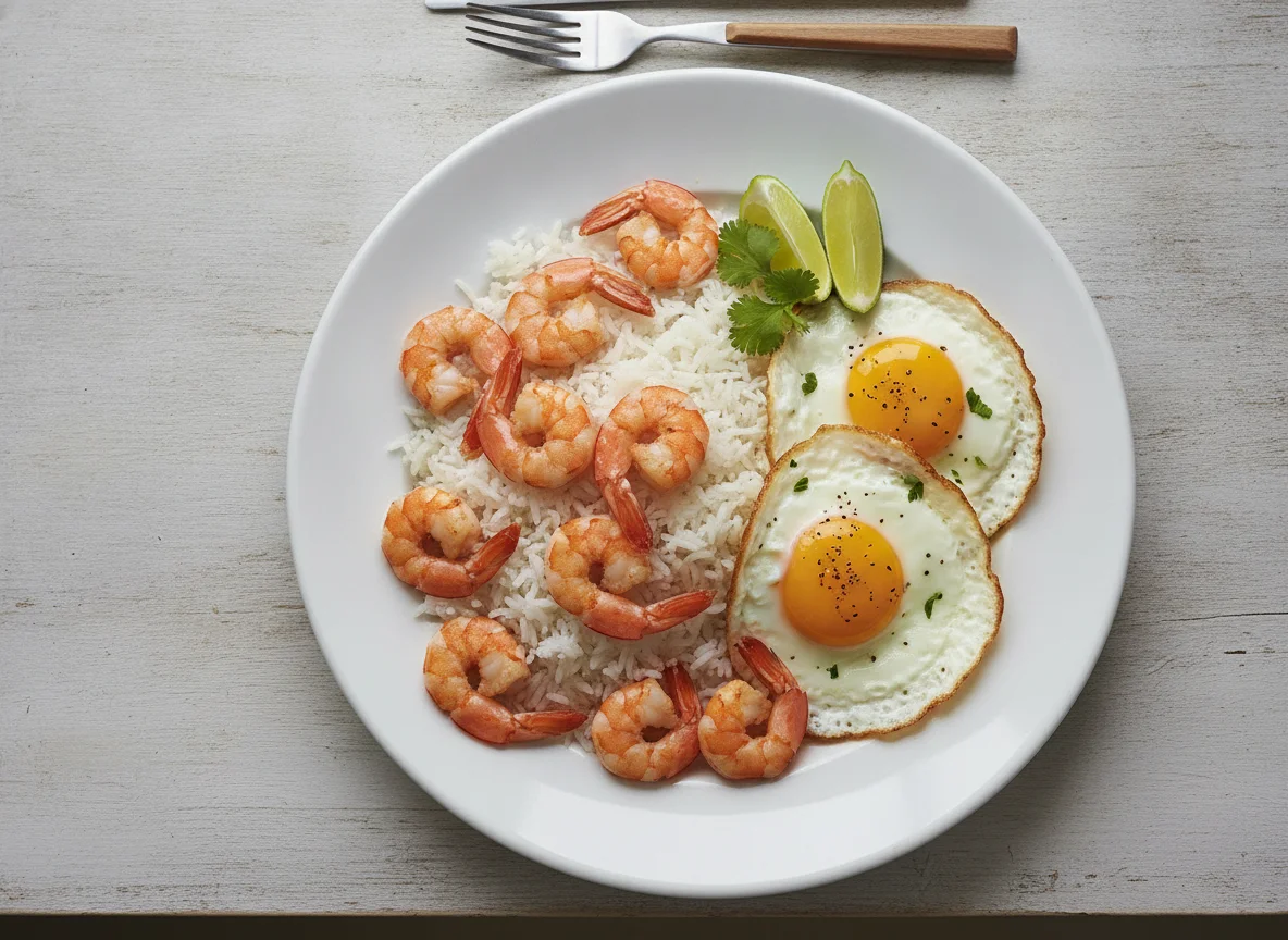 Camarones, arroz y huevos fritos photo