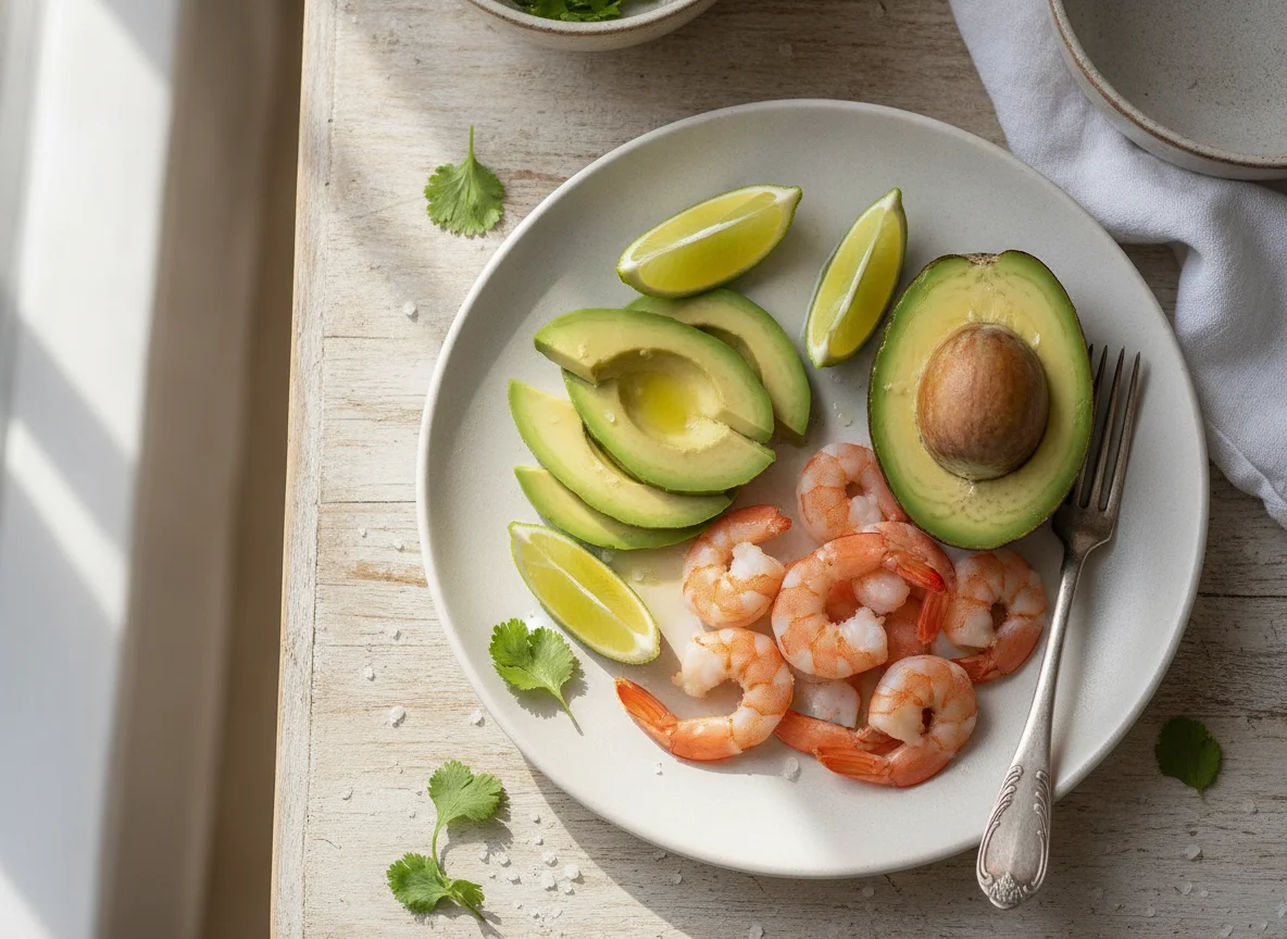 Camarones cocidos con aguacate y limón photo