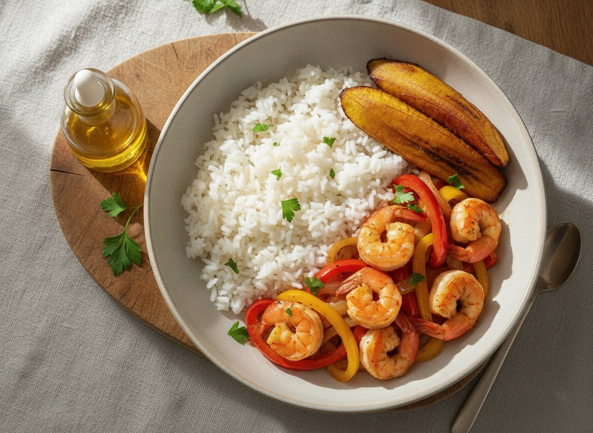 Camarones con arroz, vegetales y plátano maduro photo