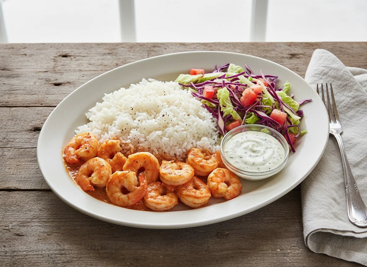 Camarones con arroz y ensalada photo