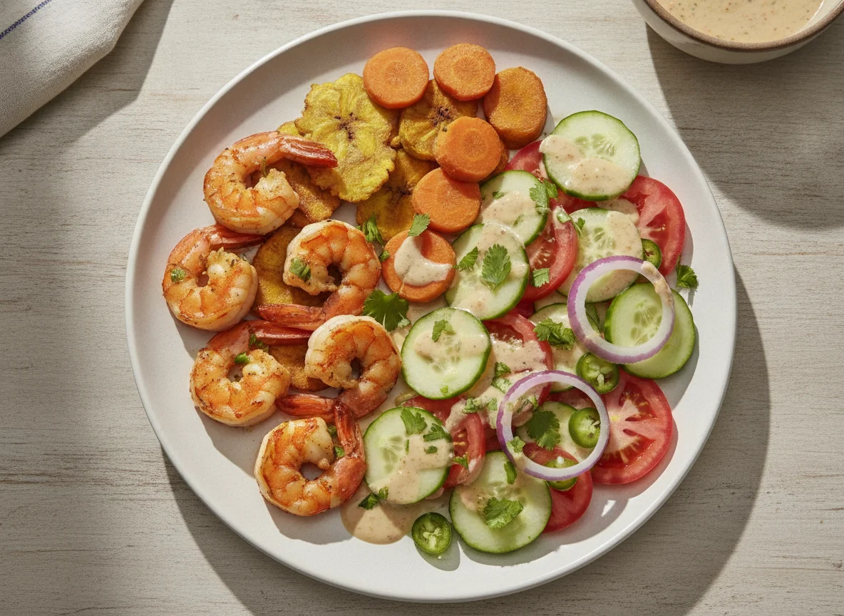Camarones con vegetales y ensalada fresca photo