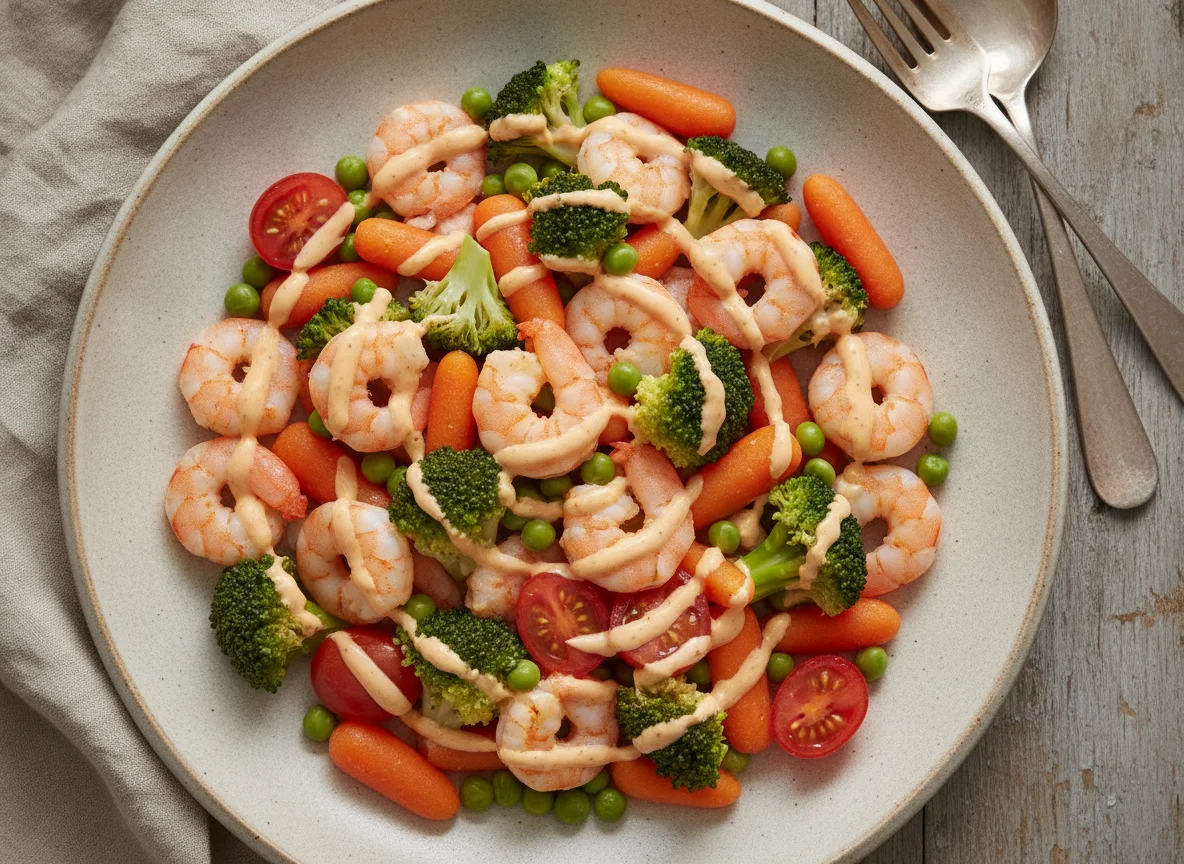 Camarones con verduras y salsa rosada photo