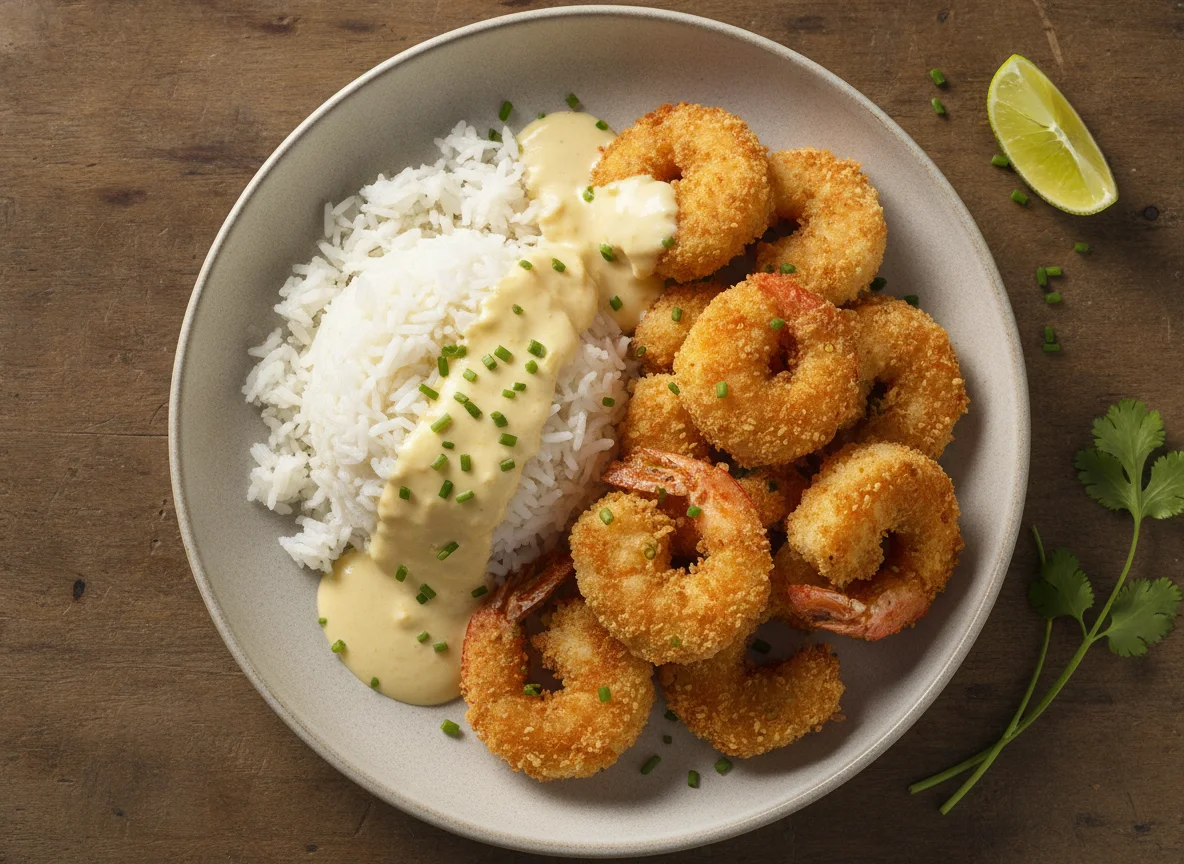 Camarones empanizados con arroz y salsa cremosa photo