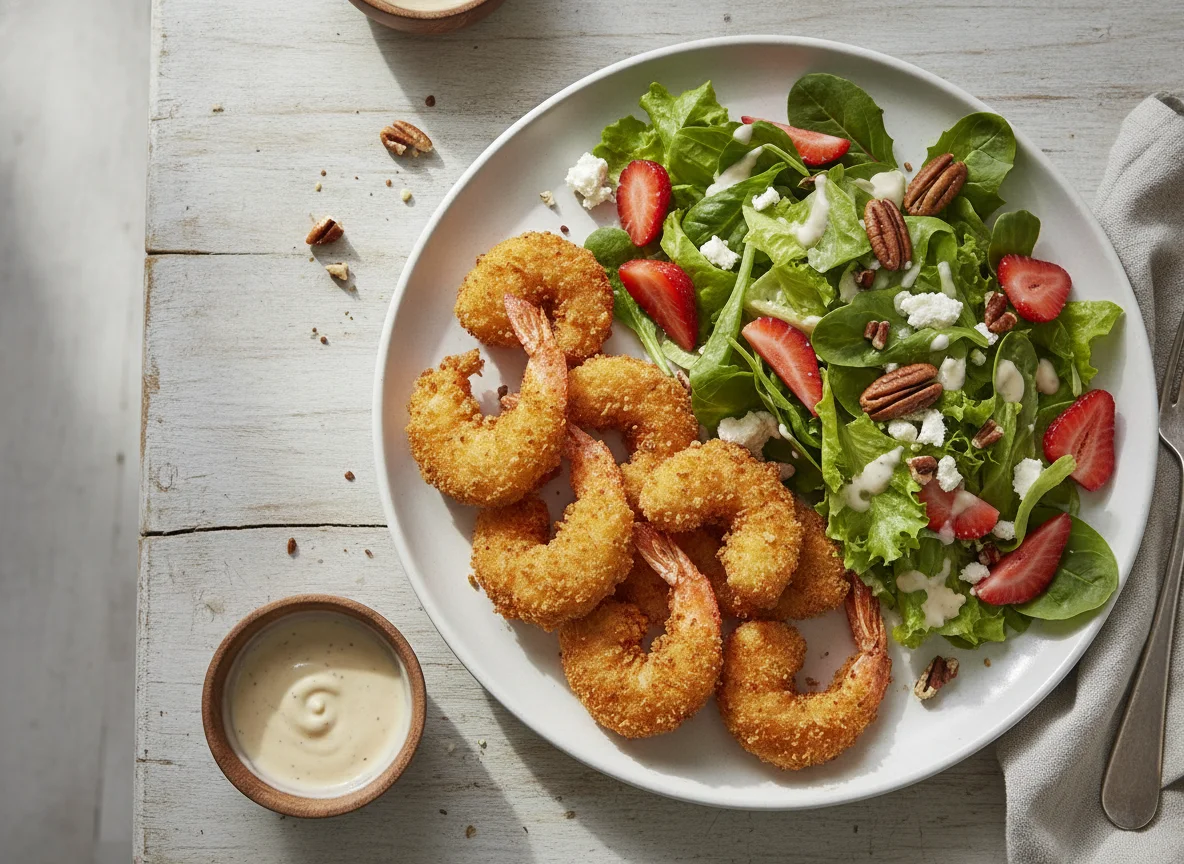 Camarones empanizados con ensalada de fresa y nuez photo