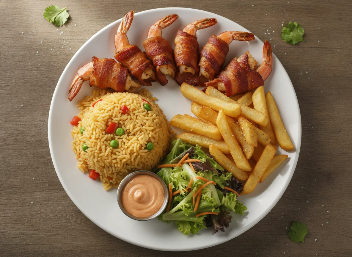Camarones envueltos en tocino con arroz y papas fritas photo